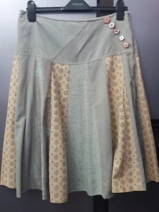 Patchwork Linen Corduroy Swing Skirt UK12 EU40 US8 Embroidered Flower Bohemian - Picture 1 of 11