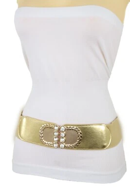 Women Gold Color Elastic Waistband Fabric Strap Fashion Belt Metal Buckle S M - Image 1 of 4