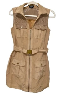 Bebe Top, Suede Tunic Belted Vest, Full Zip with Collar, Beige Neutral, Size S - Picture 1 of 9