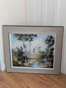 Arte de pared de paisaje texturizado firmado vintage enmarcado lago río - Imagen 1 de 24
