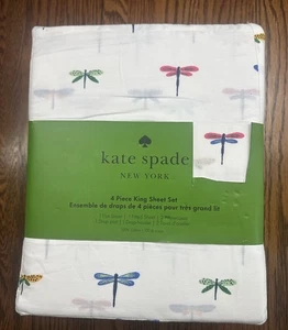Kate Spade 4 PC KING Bed Sheet Set COLORFUL Rainbow Dragonflies BUGS White NWT - Picture 1 of 3