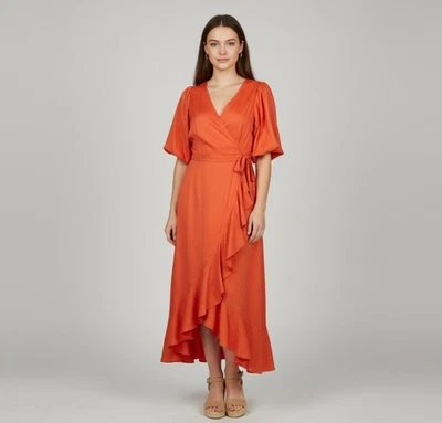 Maxi Vestido VENUS Naranja Quemado Envolvente con Volantes Manga Abullonada Dobladillo Alto Bajo Talla 14 Foto 1 de 4