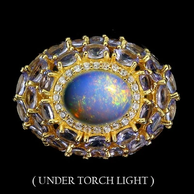 925 Sterling Silver Ring Oval Fire Opal Tanzanite Natural Gemstone Jewelry - Image 1 of 4