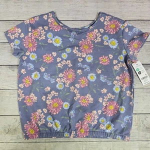 OshKosh B'gosh Kids Girls Blue Floral Short Sleeve Shirt Elastic Bottom 10 NWT - Picture 1 of 7