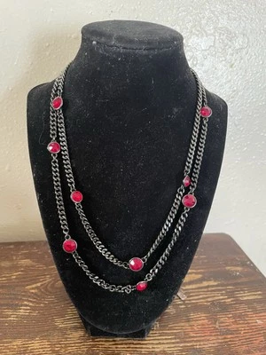 GIVENCHY gunmental Station Necklace Long 18” Red Crystals Hematite Tone Casual - Image 1 of 3