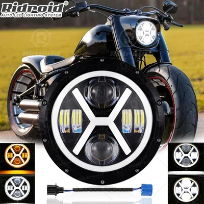 7"inch LED Headlight Halo DRL & Turn Signal H4 For Harley-Davidson Fat Boy FLSTF Foto 1 de 4