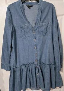 BELLE TWEED WOMEN'S DENIM LOOK 100% COTTON V NECK LONG SLEEVE DRESS SIZE MEDIUM - Picture 1 of 9