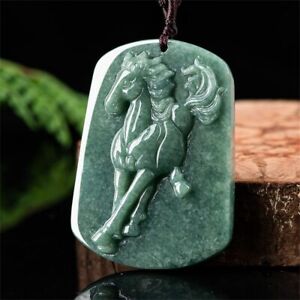 Natural Green Grade A Jadeite Carved Running Horse Lucky Pendant Amulet Necklace