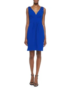 Cocktailkleid Monique Lhuillier Größe 10 blau verziert V-Ausschnitt - Bild 1 von 2