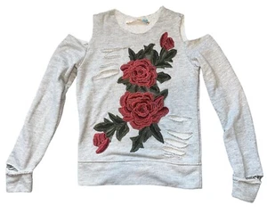 Vintage Havana Girl Distress Cold Shoulder Embroidered Flower Sweatshirt S(7-8) - Picture 1 of 4