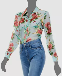 Alice + Olivia Women's Blue Silk Floral Willa Button-Up Shirt Top Size XS - Picture 1 of 3