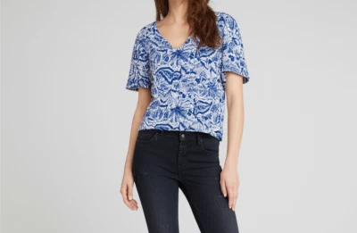 Nicole Miller Blue Lace Print Top Size Large Feminine Dainty Casual - Image 1 of 4