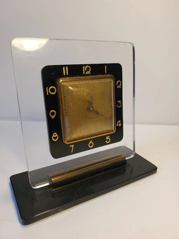 Vintage Art Deco Elexa Gold Black & Clear Alarm Clock Made In USA Cover