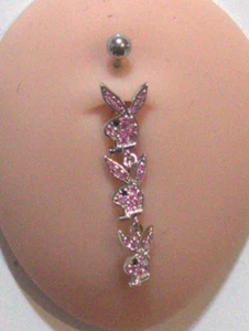 1 14g 10mm Licencia Playboy Colgante Vientre Anillo Rosa Pavimentado Estrás 3 Cabezas Sexy - Imagen 1 de 2