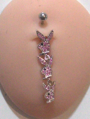 1 14g 10mm Licencia Playboy Colgante Vientre Anillo Rosa Pavimentado Estrás 3 Cabezas Sexy Foto 1 de 2