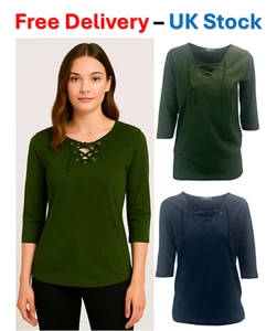 Ladies Womens Tunic Top T-Shirt Lace Up Blouse Casual Mid Sleeve Plain UK NEW - Picture 1 of 7