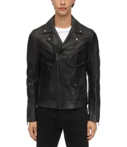 Leather Jacket Mens Biker Coat Motorcycle Vintage Men Bomber Lambskin Black 125 - Picture 1 of 4