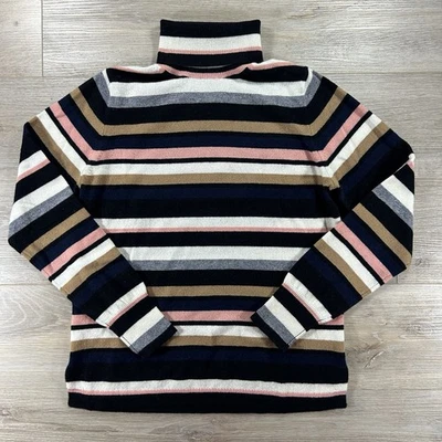 J. Crew Women’s Medium Striped Cashmere Turtleneck Sweater Black Pink Navy - Image 1 of 4