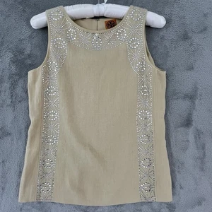 Tory Burch Top Womens 6 Beige Linen Crystal Embellished Classic Sleeveless - Picture 1 of 15