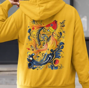 Colorful Fish Art Hoodie, Japanese Motifs Hoodie, Whimsical Water Splash Design - Picture 1 of 10