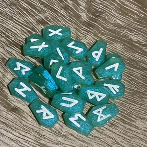 Coffin Shaped Teal/Turquoise Shimmer Resin Rune Stones, Elder Futhark - Picture 1 of 9