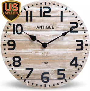 Farmhouse Wooden Wall Clock - 12 Inch Battery Operated Silent Non Ticking Vin... - Picture 1 of 1