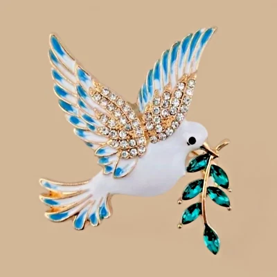 Broche Paloma de la Paz Esmalte Blanco Pájaro Vidrio y Cristal Rama de Olivo Amor #U2 Foto 1 de 4
