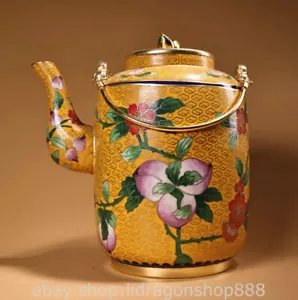 8" Marked Chinese Copper Enamel color Dynasty Flower Peach Portable Kettle - Picture 1 of 9