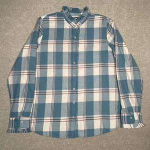 Land’s End Women’s Light Blue Plaid Check Flannel Shirt Uk M Ruffle Neck / Cuffs - Picture 1 of 9