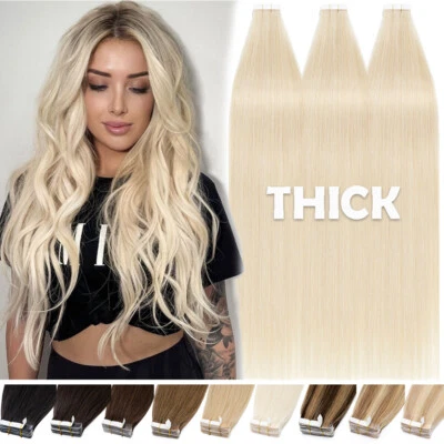 Tape In 100% Remy Human Hair Extensions Russian Skin Weft Full Head 150G 60PCS H - Image 1 of 4