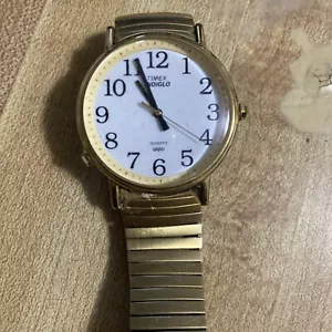 Vtg Timex Easy Reader Watch Men Gold Tone Indiglo Stretch Untested - Picture 1 of 9