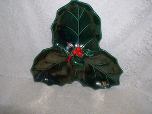 Lefton Christmas Holly 3 Leaf Snack Server Serving Dish w Lefton Sticker - Picture 1 of 4