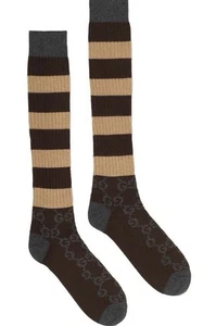 Authentic Men's Gucci Brown Beige Wool GG Logo Striped Socks 727352 New $270 - Picture 1 of 3