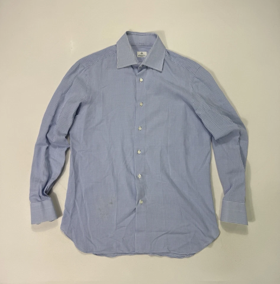 BORRELLI NAPOLI Made Italy Shirt Men 40" Chest Button Up Blue Gingham Luxury - Image 1 of 4
