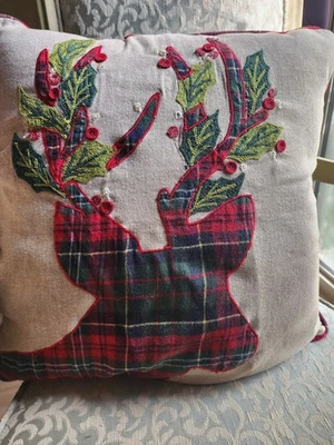 Pier One Imports Christmas Plaid Reindeer Battery Lighted Pillow 17 X 17 - Image 1 of 4