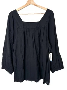 Terra & Sky Blouse Women’s 0X Boho Black Peasant Top Beachy Cottagecore - Picture 1 of 4