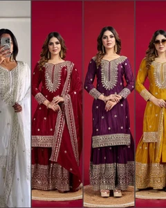 Chinnon Silk Sharara Suit Set – Embroidered Top, Plazo & Dupatta - Picture 1 of 12