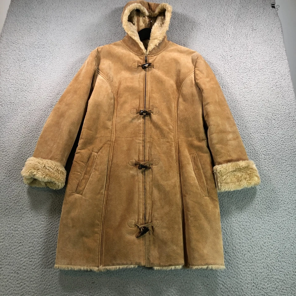 Abrigo de cuero Wilsons para mujer grande beige piel de oveja botón cremallera completa con capucha Foto 1 de 4