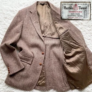 HARRIS TWEED Tweed Jacket Herringbone Covered Button Beige Men's Size M - Picture 1 of 10