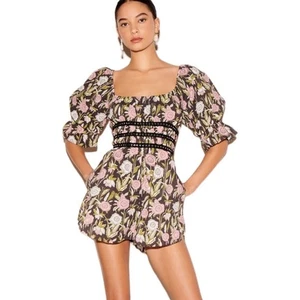 Saylor Allegra Black Floral Puff Sleeve Romper Women’s Large | EUC | 100% Cotton - Picture 1 of 12