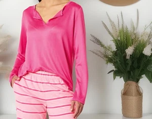 Sleep Chic Women’s Rib Y Neck Long Sleeve Pajama Top Pink XL - Picture 1 of 2