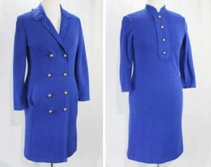 Size 4 Cobalt Blue Dress & Coat - 1960s Wool Knit Long Sleeve Nautical Buttons - Picture 1 of 8