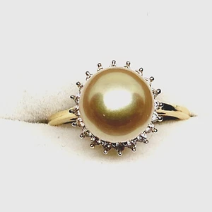 South Sea Golden Pearl & White Zircon halo ring in 14K YG over 925 Sterling sz 8 - Picture 1 of 6