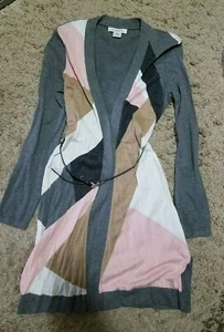 🛍Liz Claiborne Gris Multicolor Algodón Cinturón Vestido Cárdigan Túnica ~ S M3020 - Imagen 1 de 9