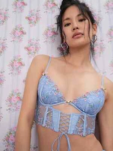 Victoria's Secret For Love and Lemons 38D Bell Bow Bustier Blue Floral Satin - Picture 1 of 10