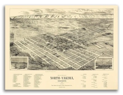 Bird's Eye View 1889 North Yakima Washington Vintage Style City Map - 18x24
