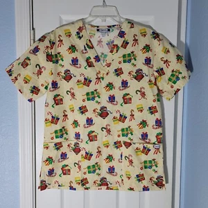 Christmas Scrub Top Womens Small Ornaments Xmas Holiday Uniform Shirt Nurse Cute - Picture 1 of 7