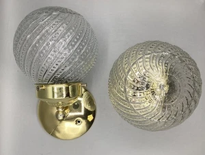 Pair 70's Gold Metal Wall Sconce Fixtures Electrical Clear Swirl Hobnail Globes - Picture 1 of 13