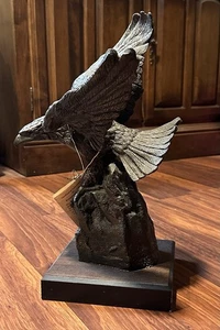 H. STEPHEN ANDERSON METAL SCULPTURE, "SETTING IN", EAGLE WITH WOODEN BASE 14.5” - Picture 1 of 8