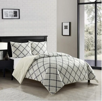 Juego de edredón Mainstays KING franela reverso a Sherpa 3 piezas gris blanco a cuadros nuevo con etiquetas Foto 1 de 4